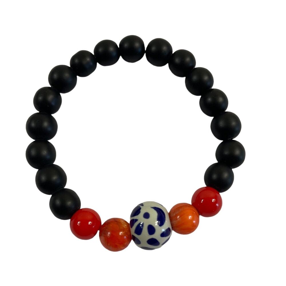 Mexican Talavera Beaded Bracelet - Black, Orange, Red with Blue & White Bead